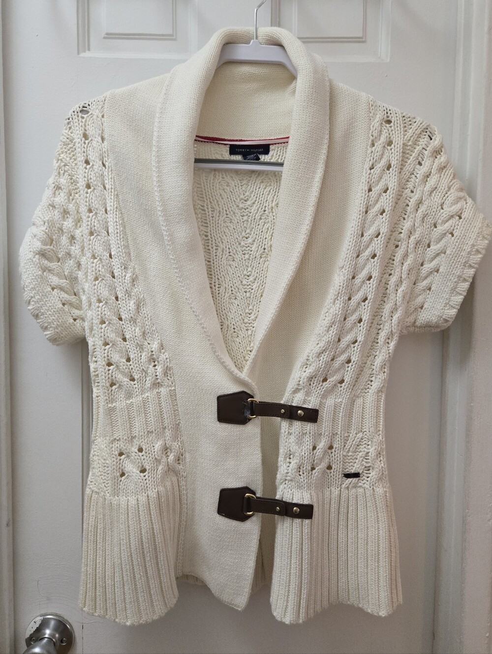 Vintage Tommy Hilfiger Cream Cable Knit Short Sleeve Cardigan Sweater Y2K Medium